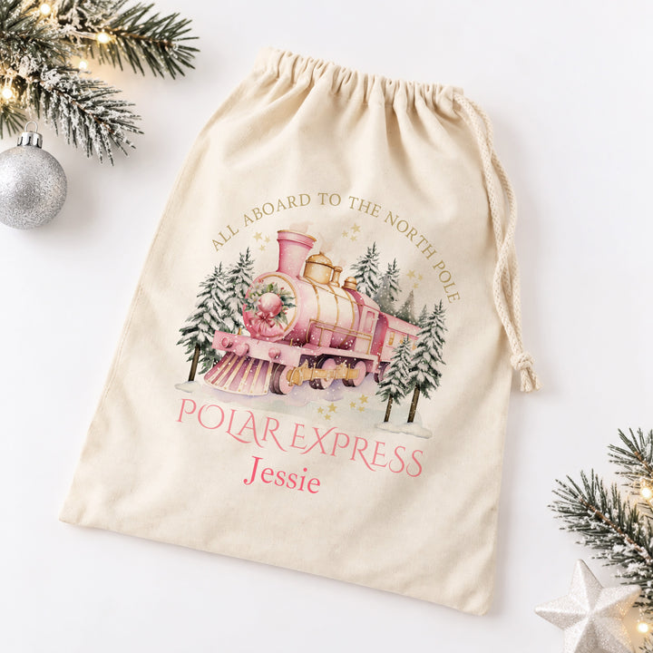 Personalised Pink Festive Train Christmas Canvas Santa Sack