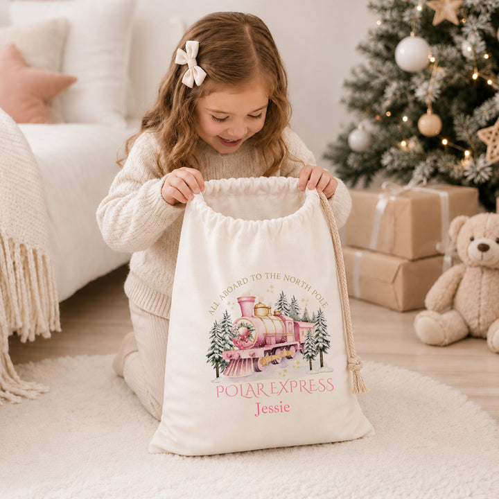 Personalised Pink Festive Train Christmas Canvas Santa Sack