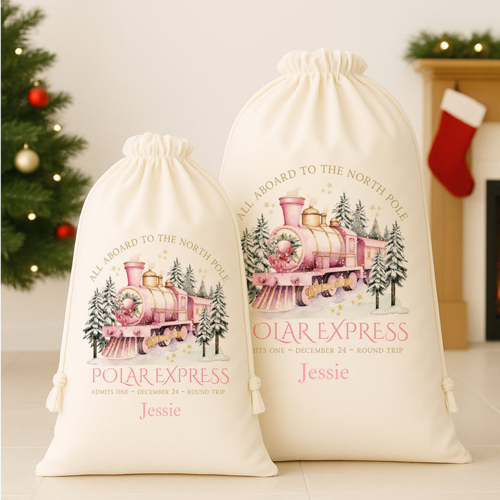 Personalised Pink Festive Train Canvas Santa Sack