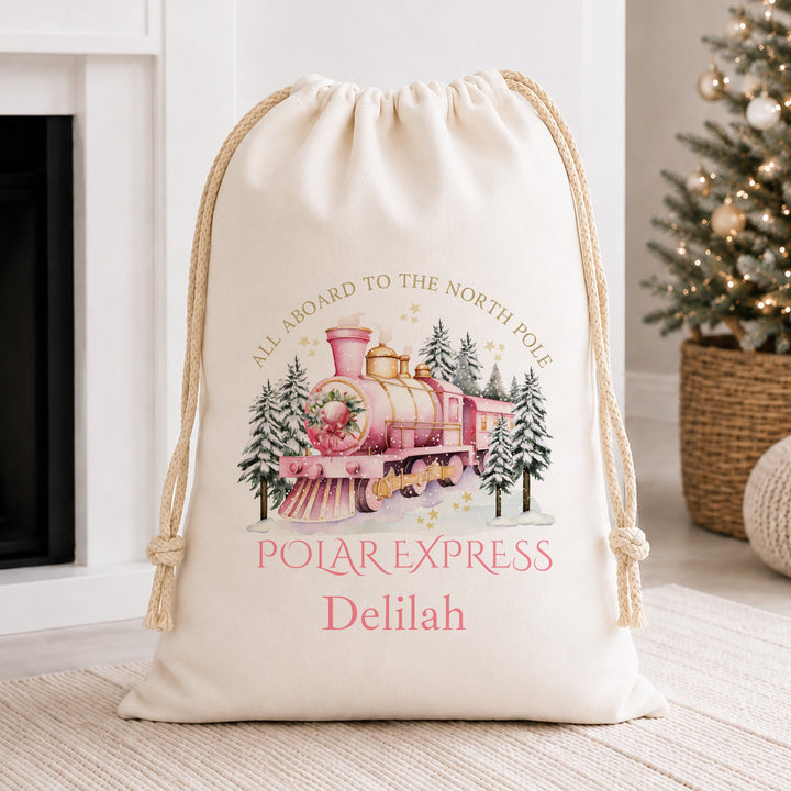 Personalised Pink Festive Train Christmas Canvas Santa Sack