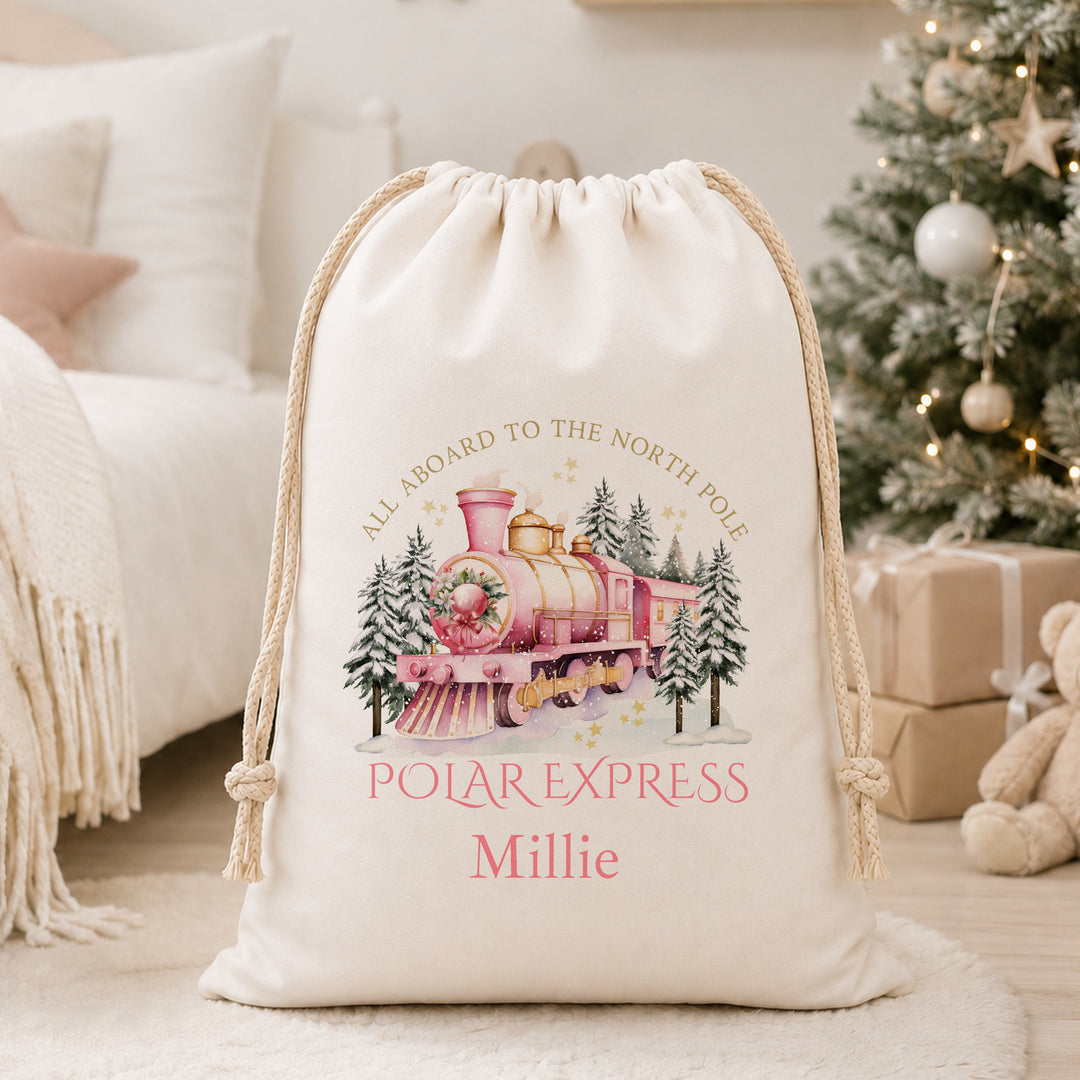Personalised Pink Festive Train Christmas Canvas Santa Sack
