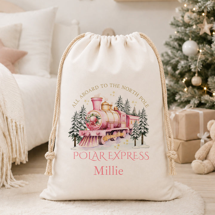 Personalised Pink Festive Train Christmas Canvas Santa Sack