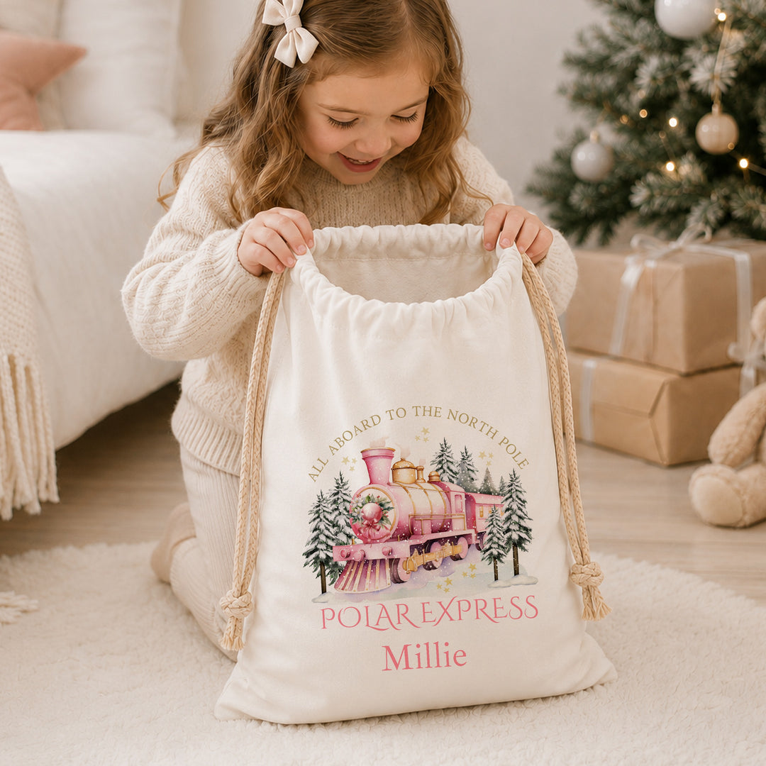 Personalised Pink Festive Train Christmas Canvas Santa Sack
