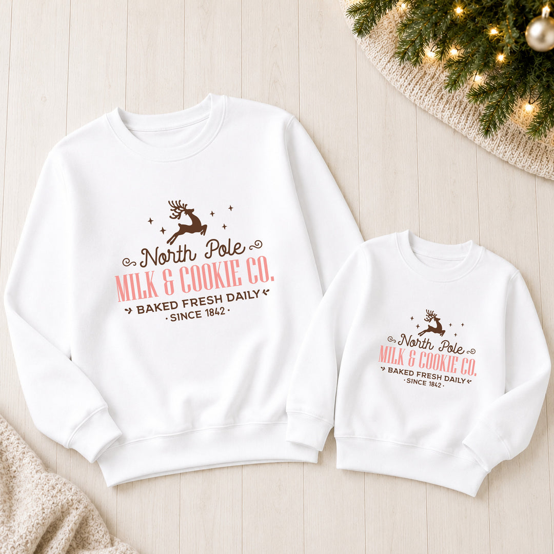 Family Matching North Pole Milk &amp; Cookies Co Christmas Jumper