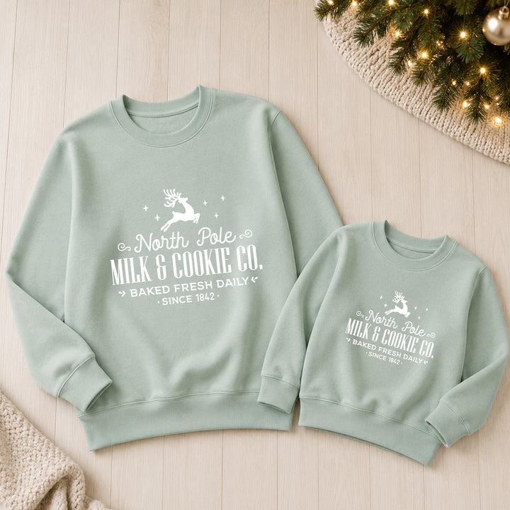 Family Matching North Pole Milk &amp; Cookies Co Christmas Jumper