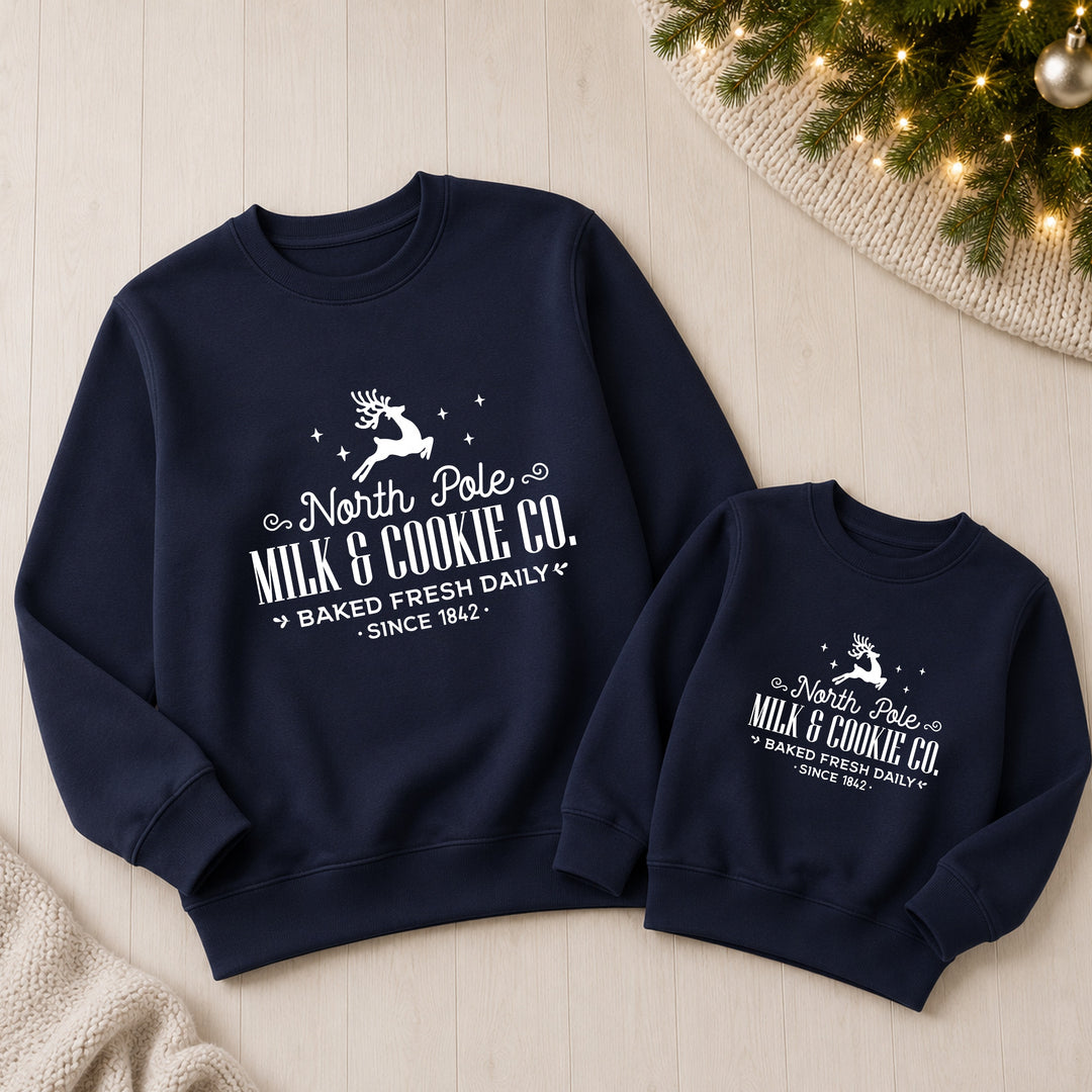 Family Matching North Pole Milk &amp; Cookies Co Christmas Jumper