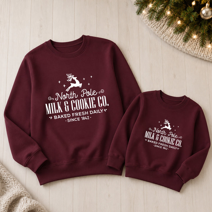 Family Matching North Pole Milk &amp; Cookies Co Christmas Jumper