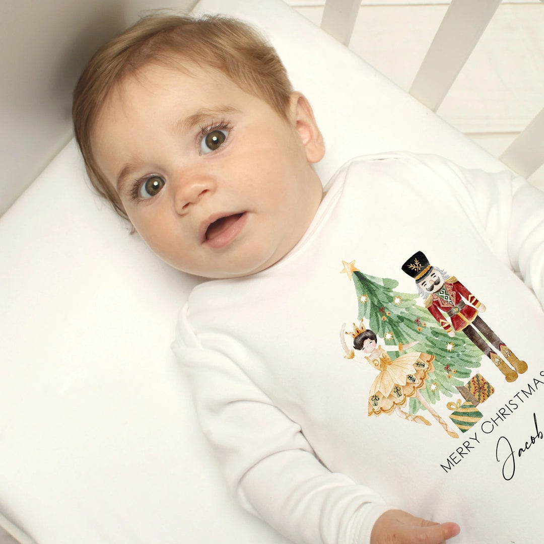 Personalised Nutcracker Christmas Tree Scene Beige Babygrow