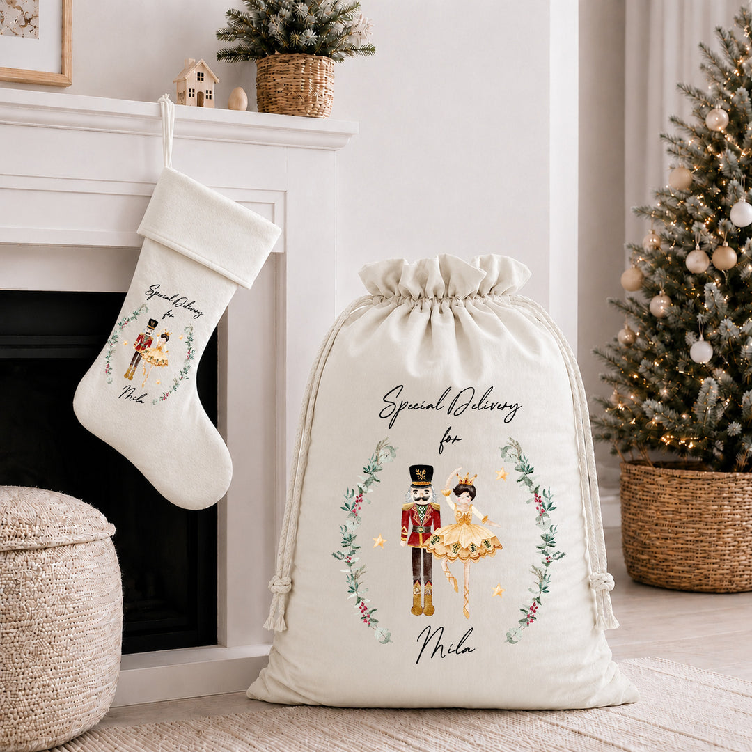 Personalised Nutcracker Wreath Christmas Stocking or Santa Sack