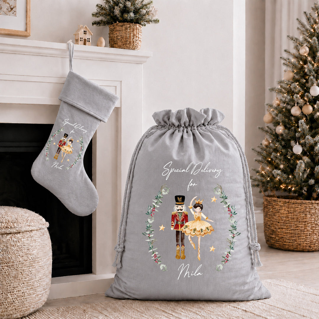Personalised Nutcracker Wreath Christmas Stocking or Santa Sack