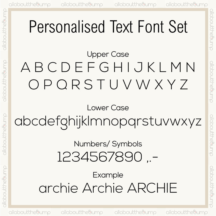 Personalised text font set with uppercase, lowercase letters, numbers, and symbols.