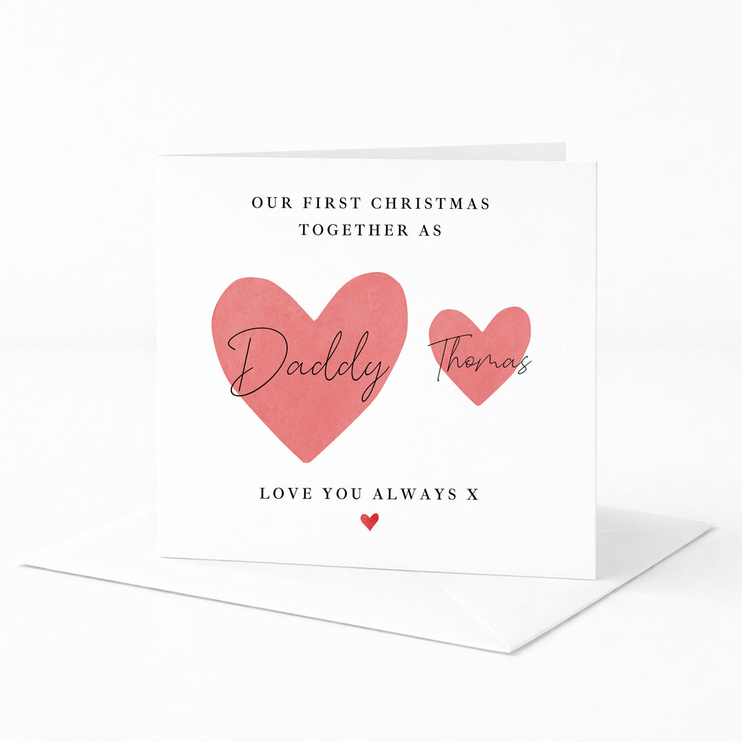 Personalised Red Hearts Daddy &amp; Me Our First Christmas Card