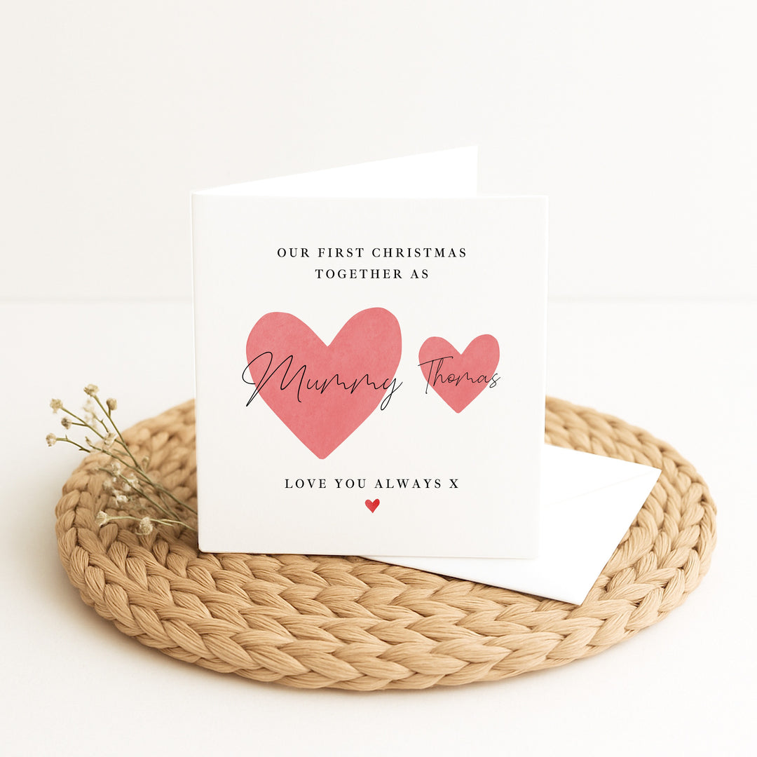 Personalised Red Hearts Mummy &amp; Me Our First Christmas Card
