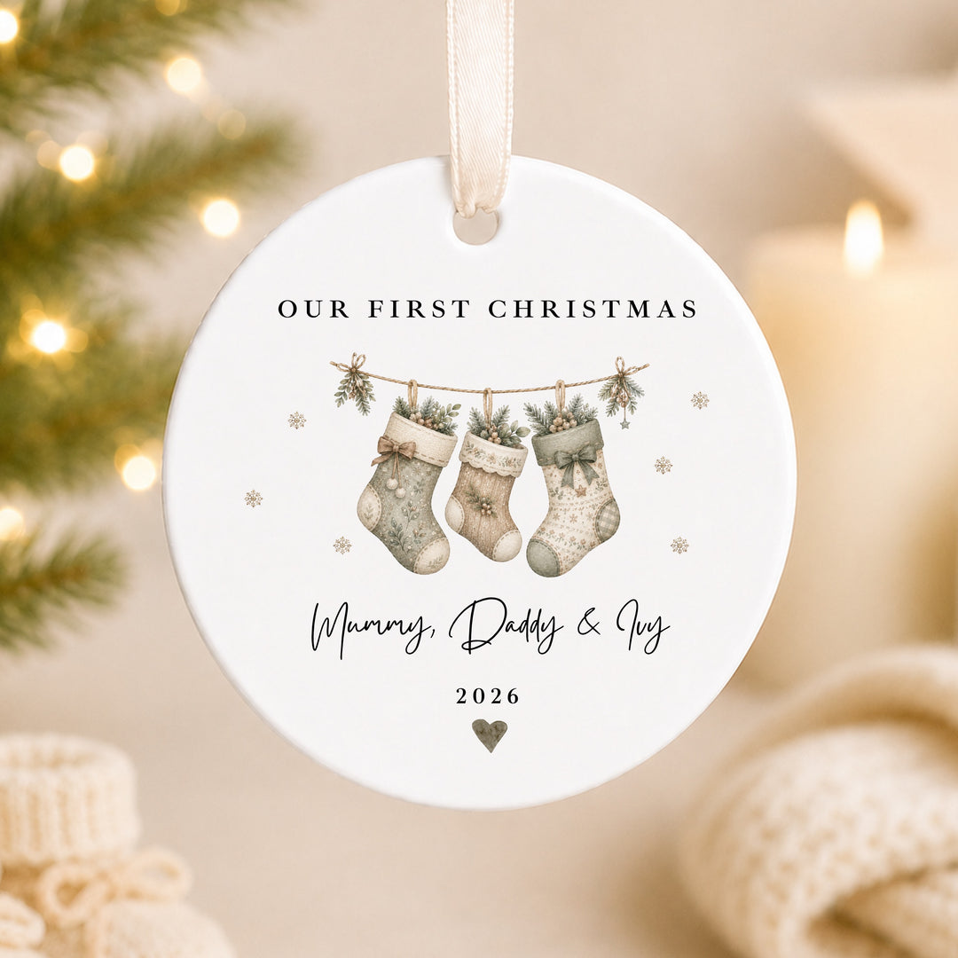 Personalised Beige Stockings Our First Christmas Together Ceramic Bauble