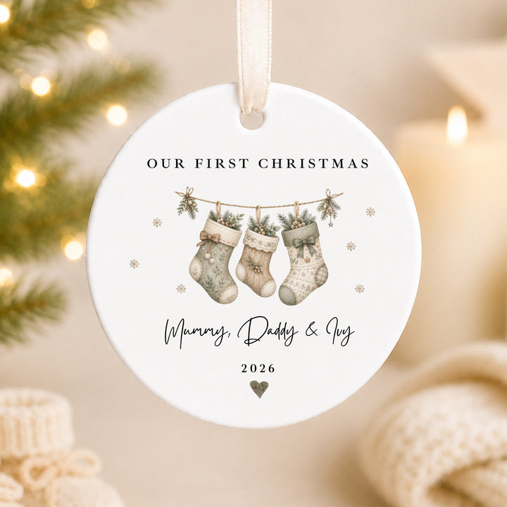 Personalised Beige Stockings Our First Christmas Together Ceramic Bauble