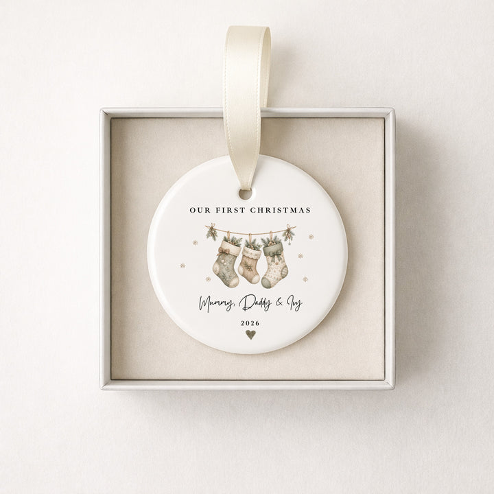 Personalised Beige Stockings Our First Christmas Together Ceramic Bauble