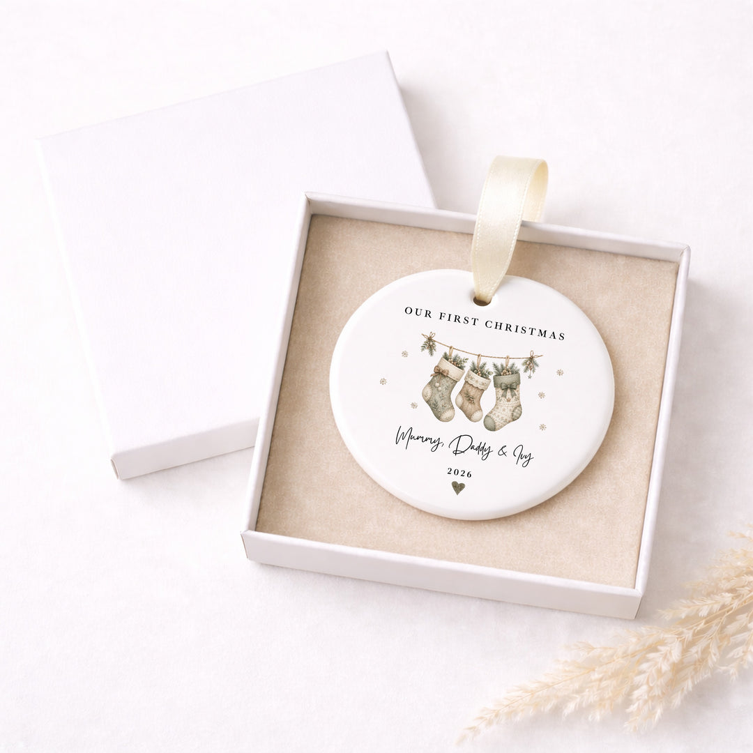 Personalised Beige Stockings Our First Christmas Together Ceramic Bauble