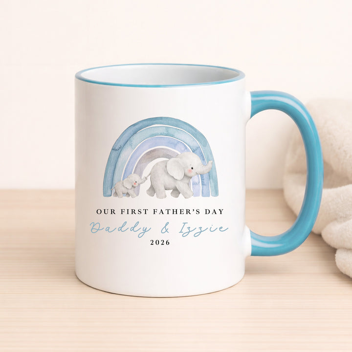 Personalised Blue Elephant Rainbow Our First Father's Day Mug