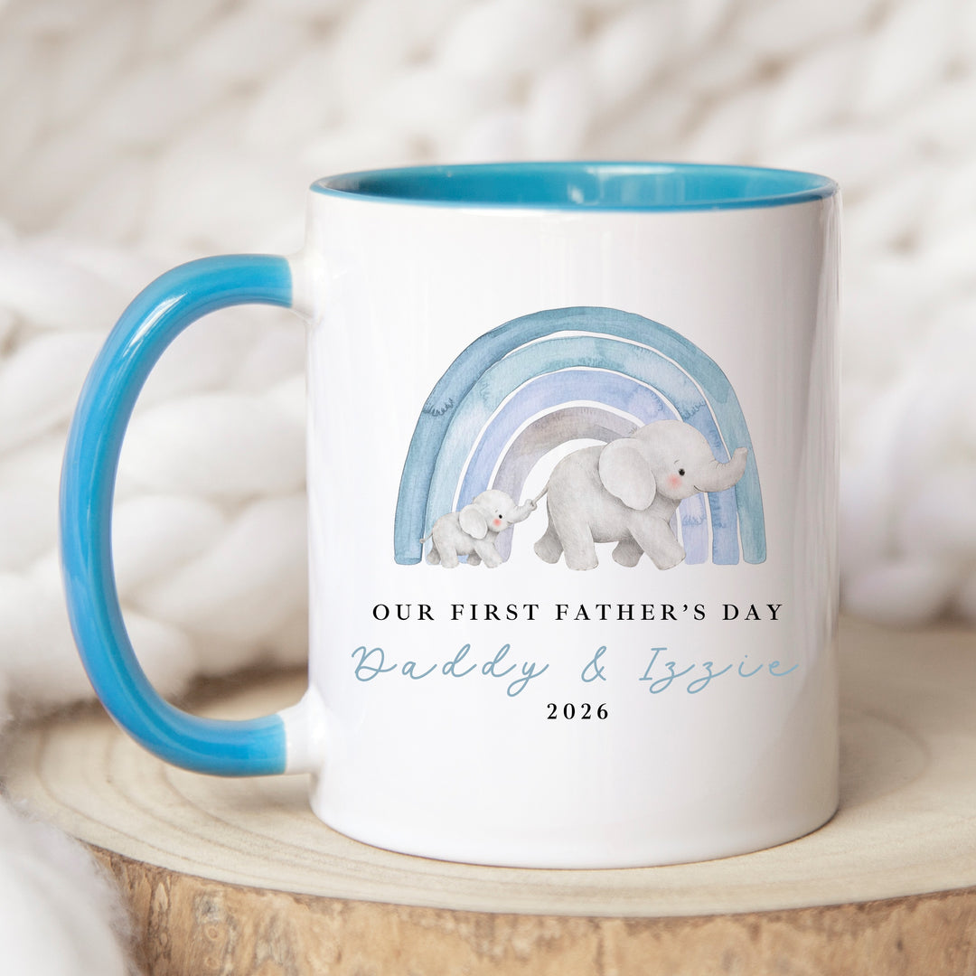 Personalised Blue Elephant Rainbow Our First Father's Day Mug