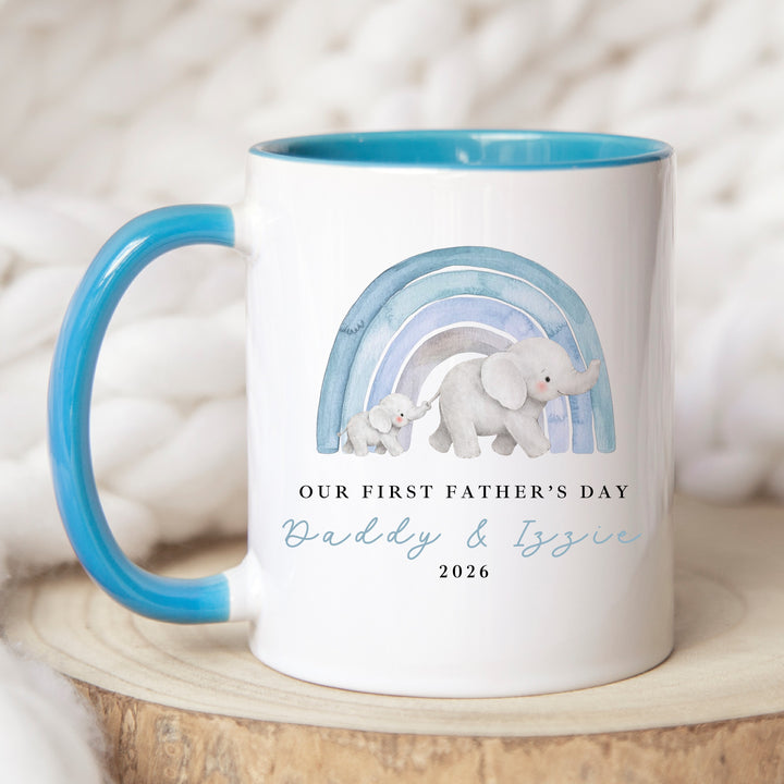 Personalised Blue Elephant Rainbow Our First Father's Day Mug