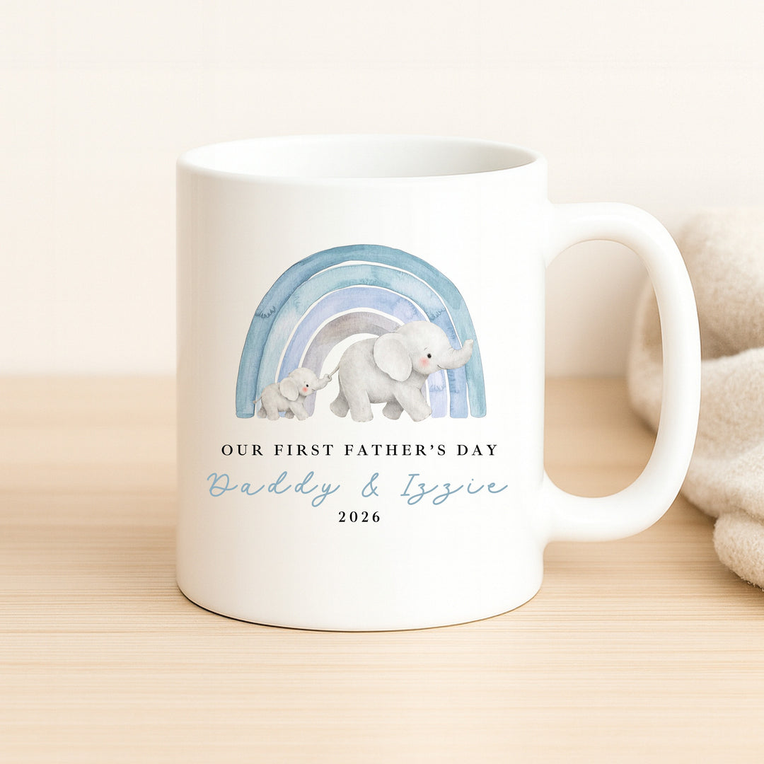 Personalised Blue Elephant Rainbow Our First Father's Day Mug