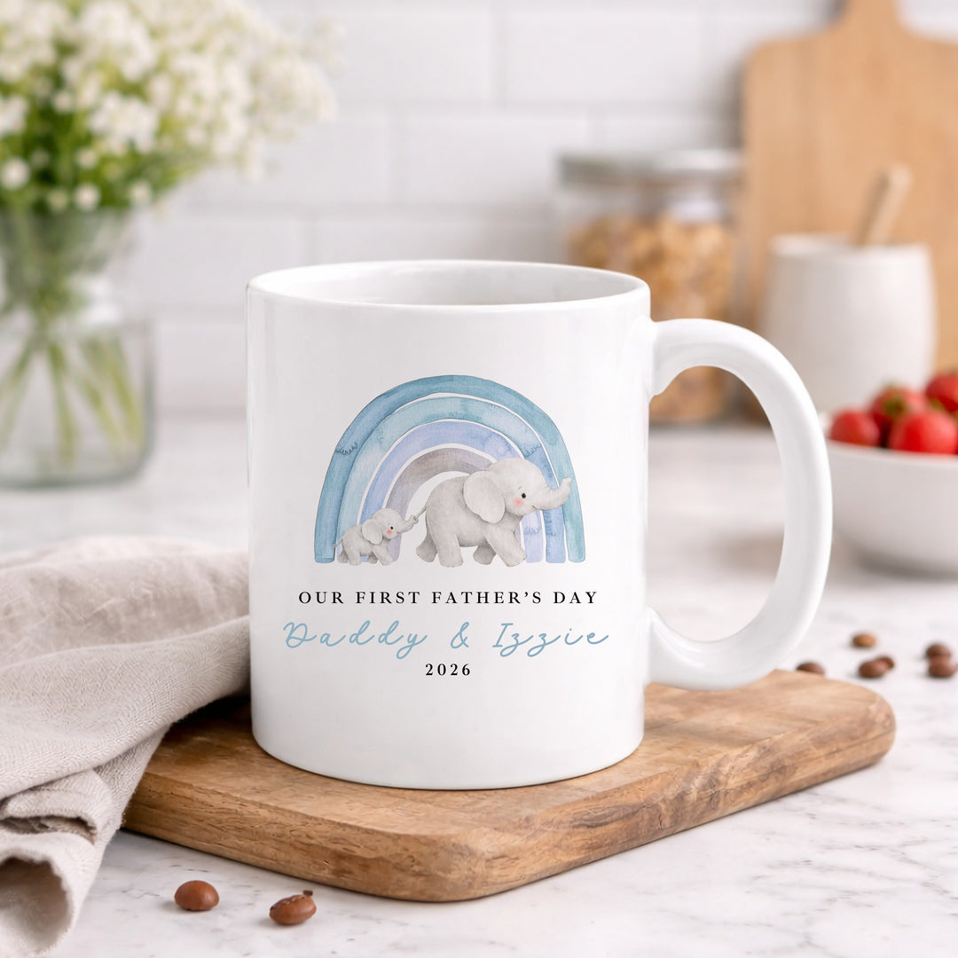 Personalised Blue Elephant Rainbow Our First Father's Day Mug