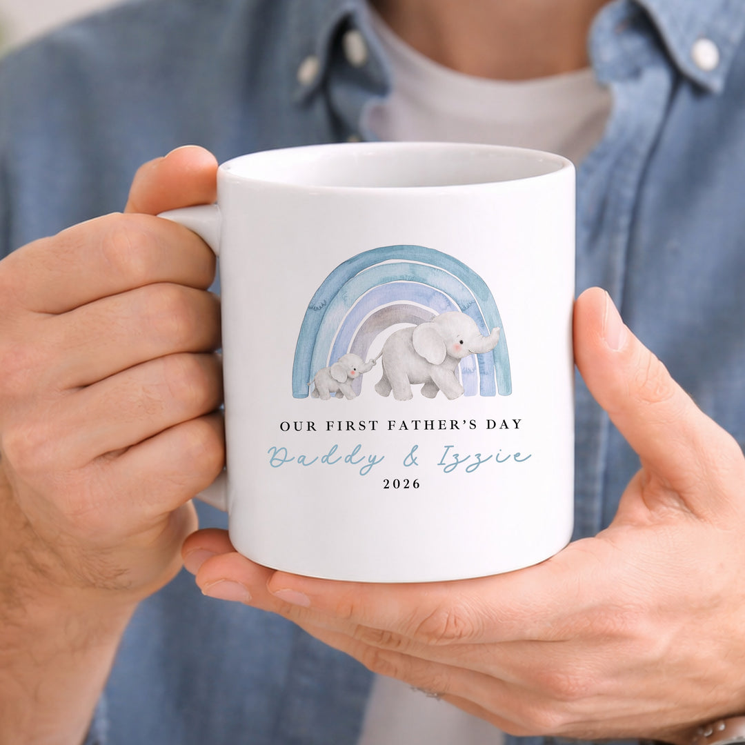 Personalised Blue Elephant Rainbow Our First Father's Day Mug