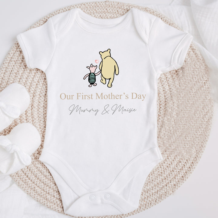 Personalised Pooh Bear Our First Mother's Day Baby Grow or Vest