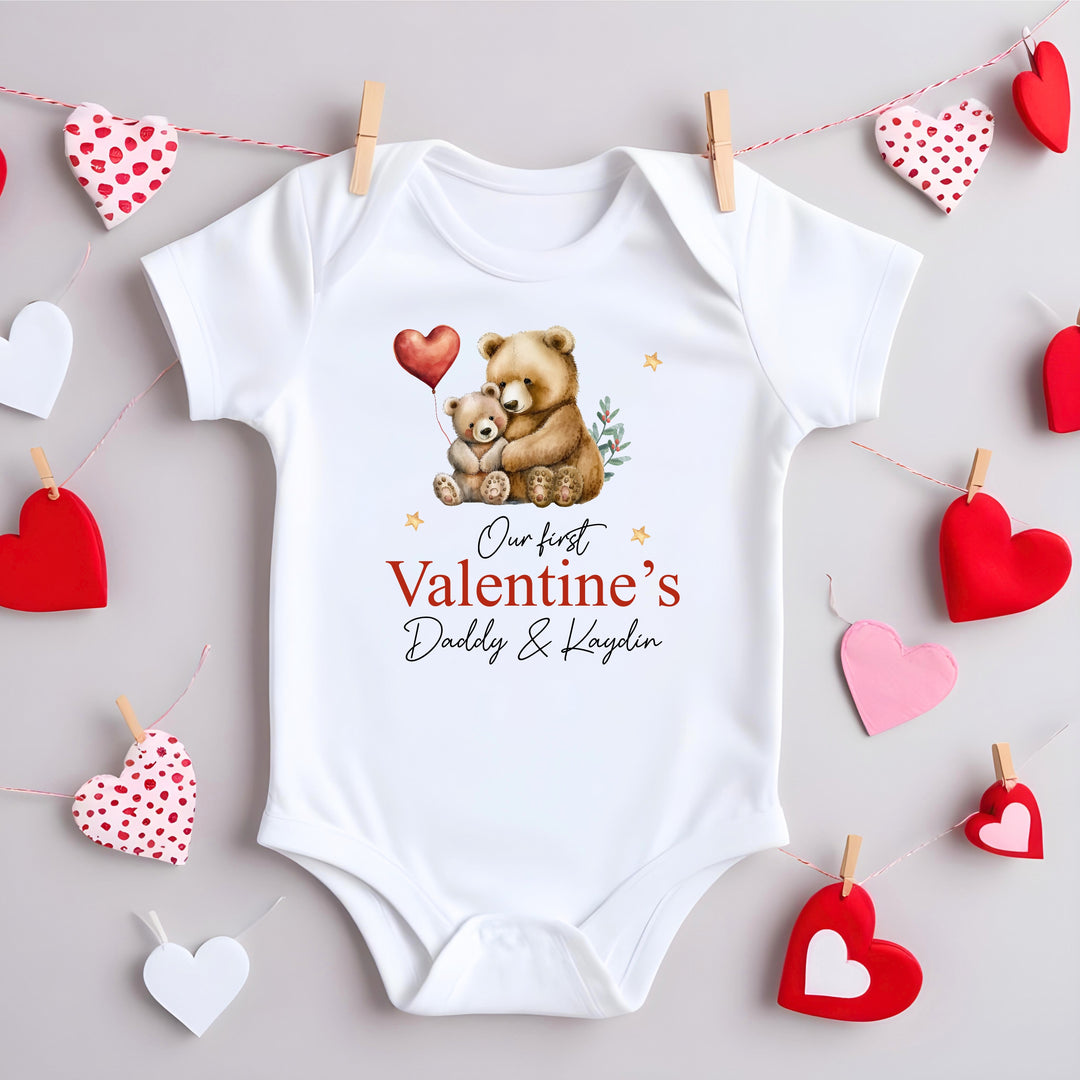Personalised Our First Valentines Day Red Bears Baby Grow or Vest