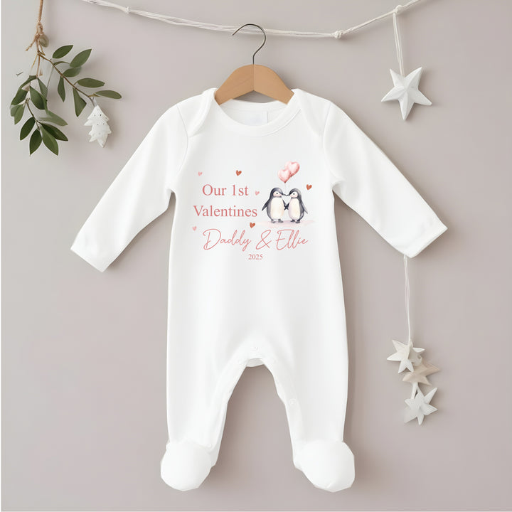 Personalised Our First Valentines Day Penguins Babygrow/Vest