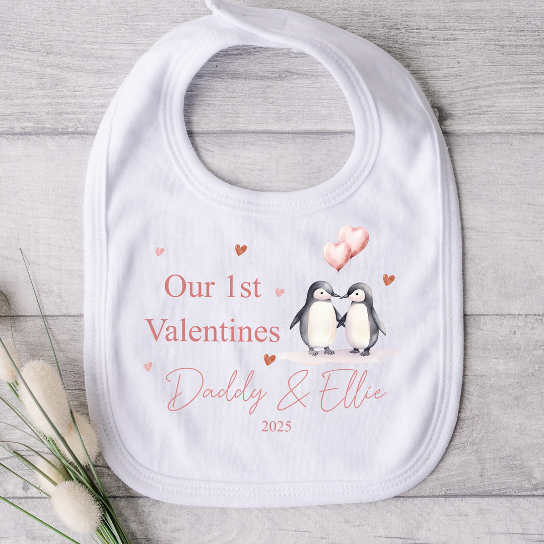 Personalised Our First Valentines Day Penguins Babygrow/Vest