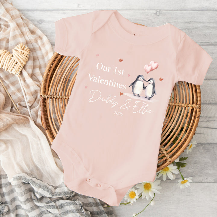 Personalised Our First Valentines Day Penguins Babygrow/Vest