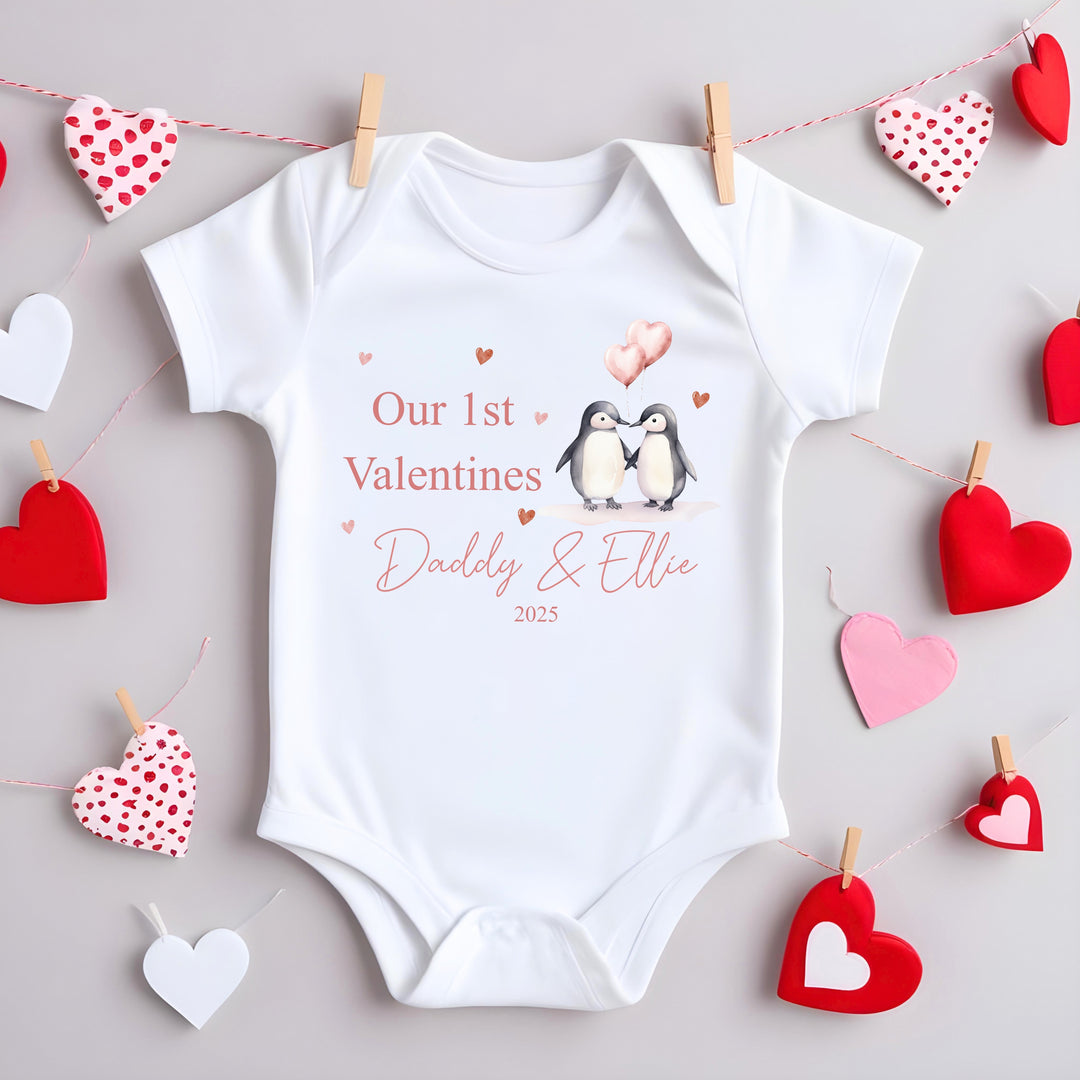 Personalised Our First Valentines Day Penguins Babygrow/Vest