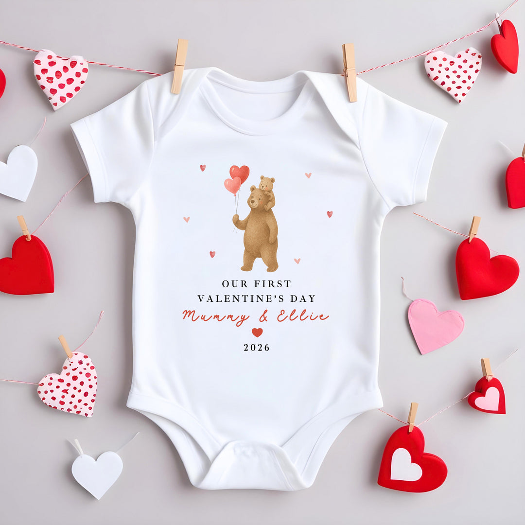 Personalised Brown Bears Our First Valentines Day Baby Grow, Vest or Bib
