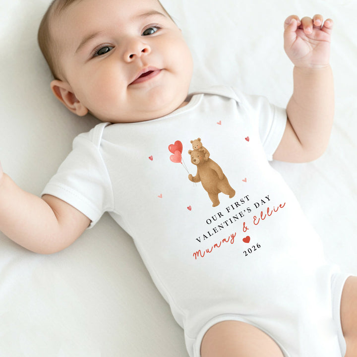 Personalised Brown Bears Our First Valentines Day Baby Grow, Vest or Bib