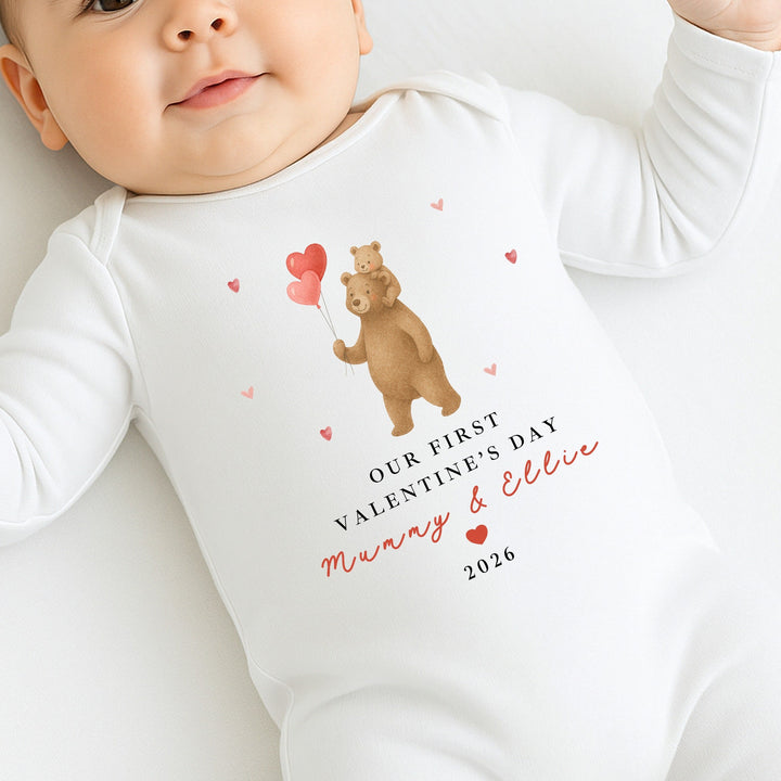 Personalised Brown Bears Our First Valentines Day Baby Grow, Vest or Bib