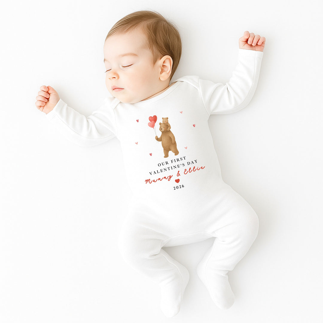Personalised Brown Bears Our First Valentines Day Baby Grow, Vest or Bib