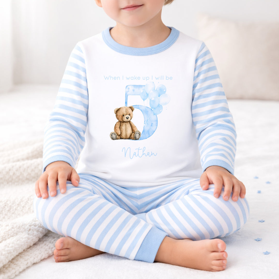 Personalised Blue Teddy Bear Any Age Birthday Pyjamas
