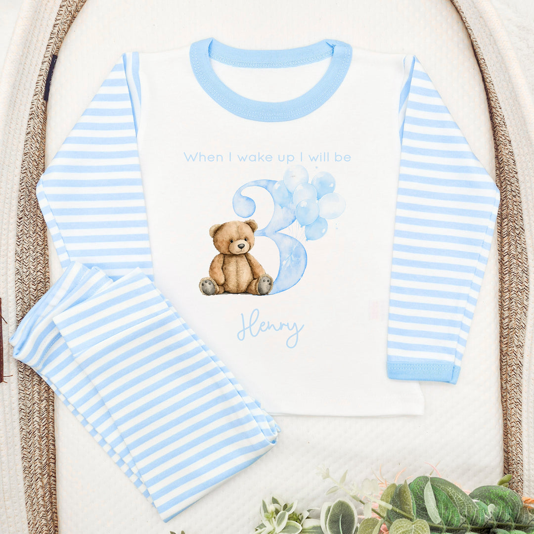 Personalised Blue Teddy Bear Any Age Birthday Pyjamas