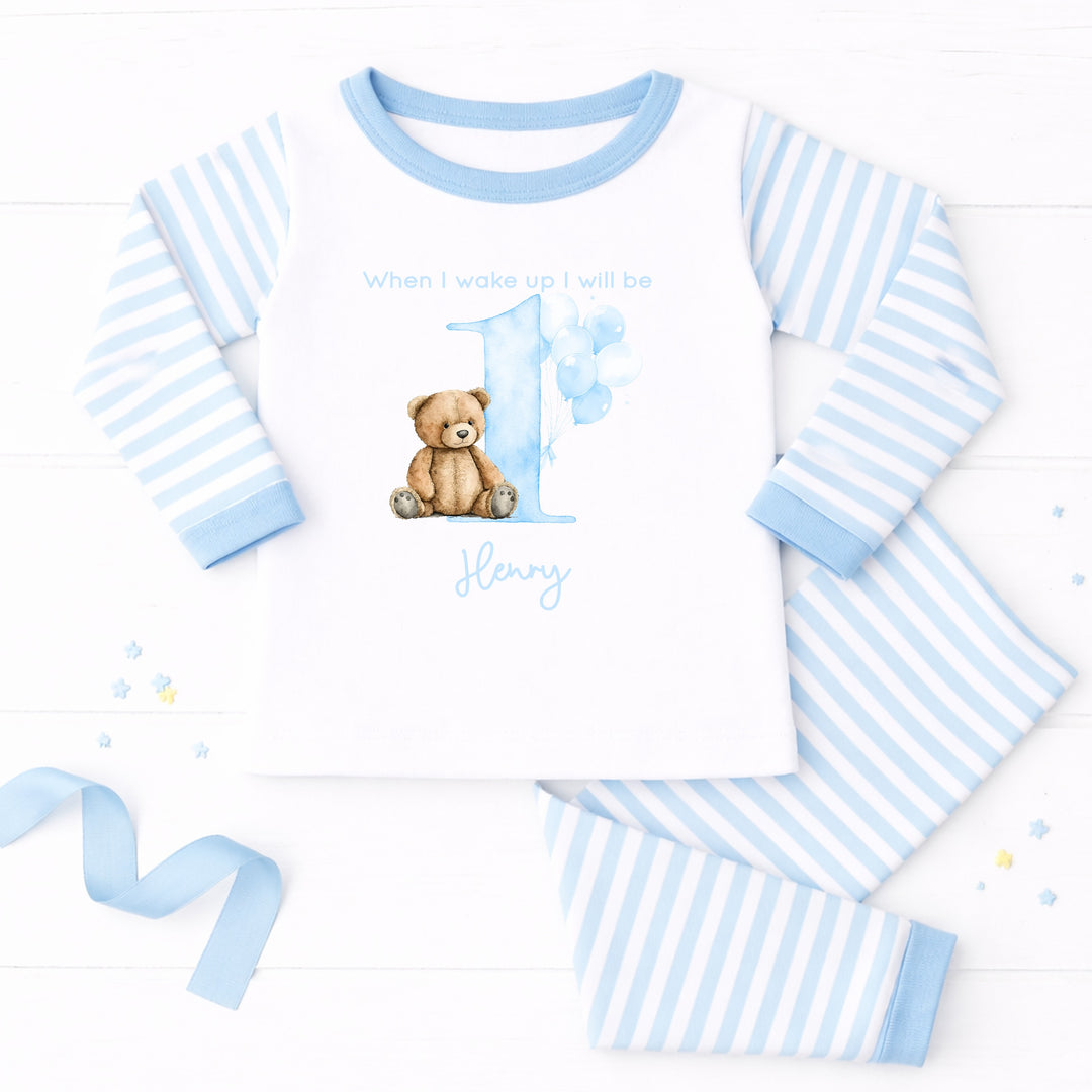Personalised Blue Teddy Bear First Birthday Pyjamas