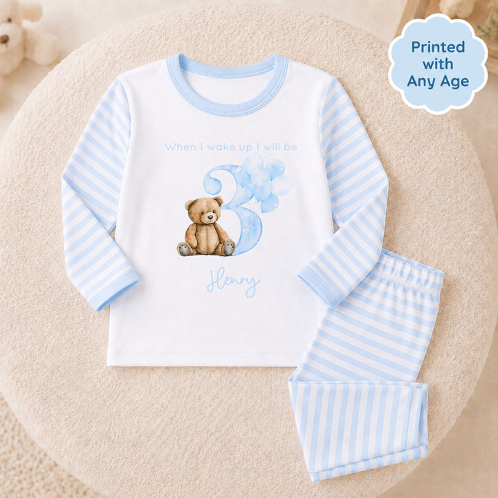 Personalised Blue Teddy Bear Any Age Birthday Pyjamas