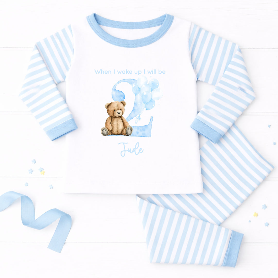 Personalised Blue Teddy Bear Second Birthday Pyjamas