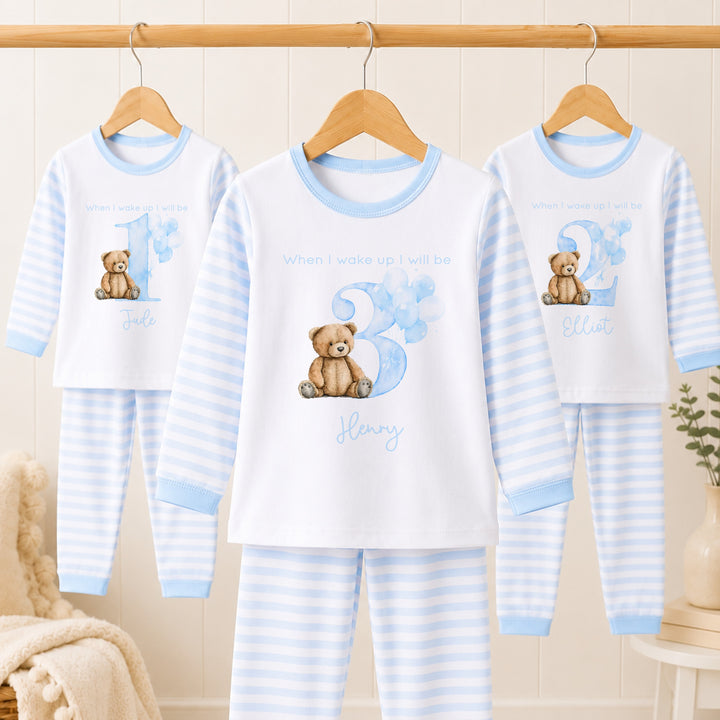Personalised Blue Teddy Bear Any Age Birthday Pyjamas