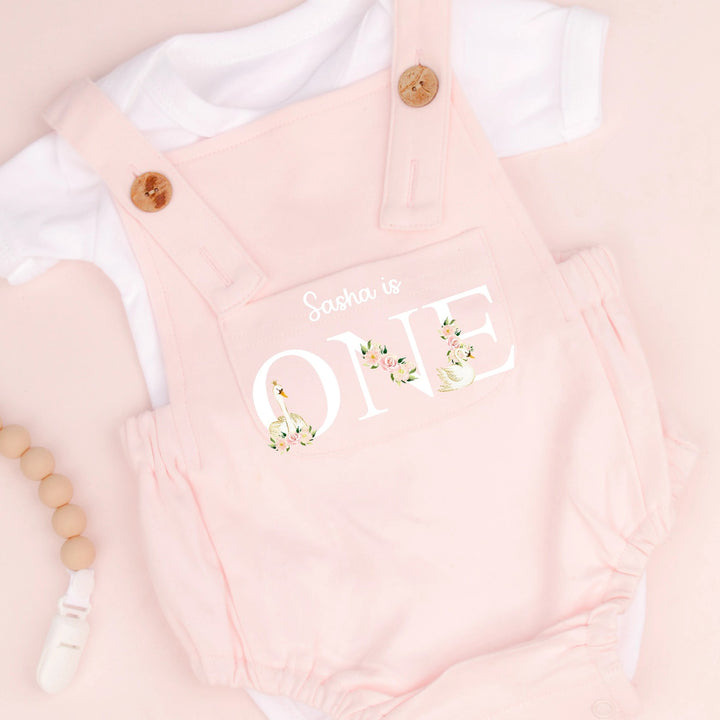 Personalised First Birthday Floral ONE Swan Pink Dungarees