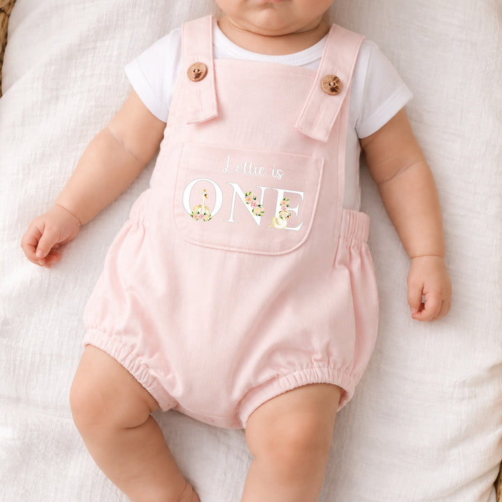 Personalised Pink Floral Swan First Birthday Dungarees