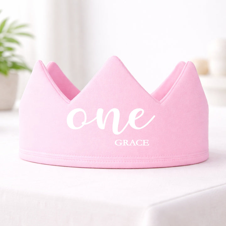 Personalised Pink One Script First Birthday Crown