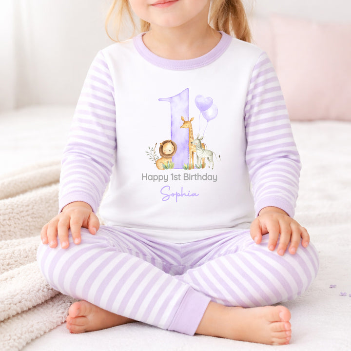 Personalised Lilac Jungle Happy First Birthday Pyjamas