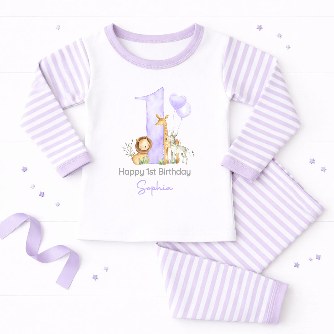 Personalised Lilac Jungle Happy First Birthday Pyjamas