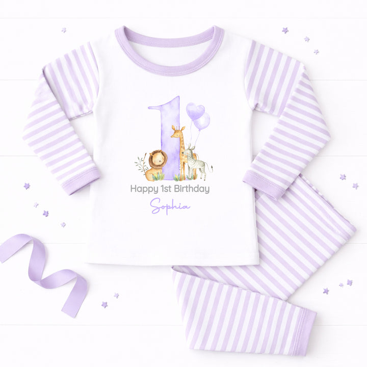Personalised Lilac Jungle Happy First Birthday Pyjamas