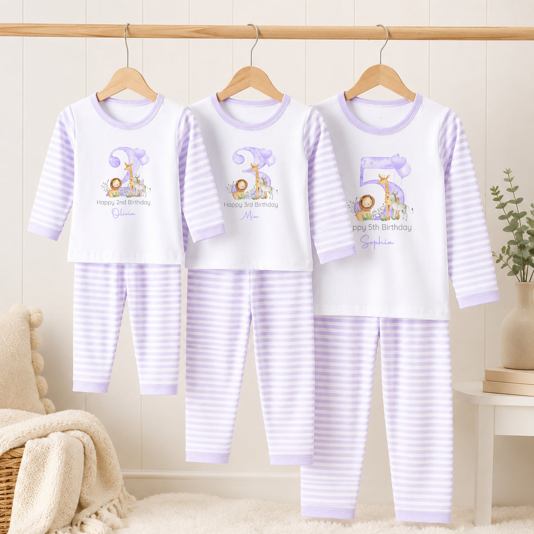 Personalised Lilac Jungle Safari Any Age Birthday Pyjamas
